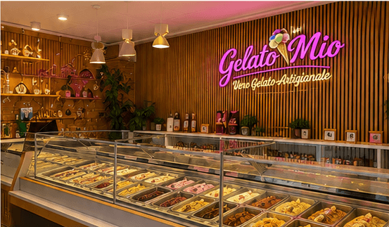 De vitrine van Gelato Mio in Soest, gevuld met vers gelato, onder het verlichte roze logo