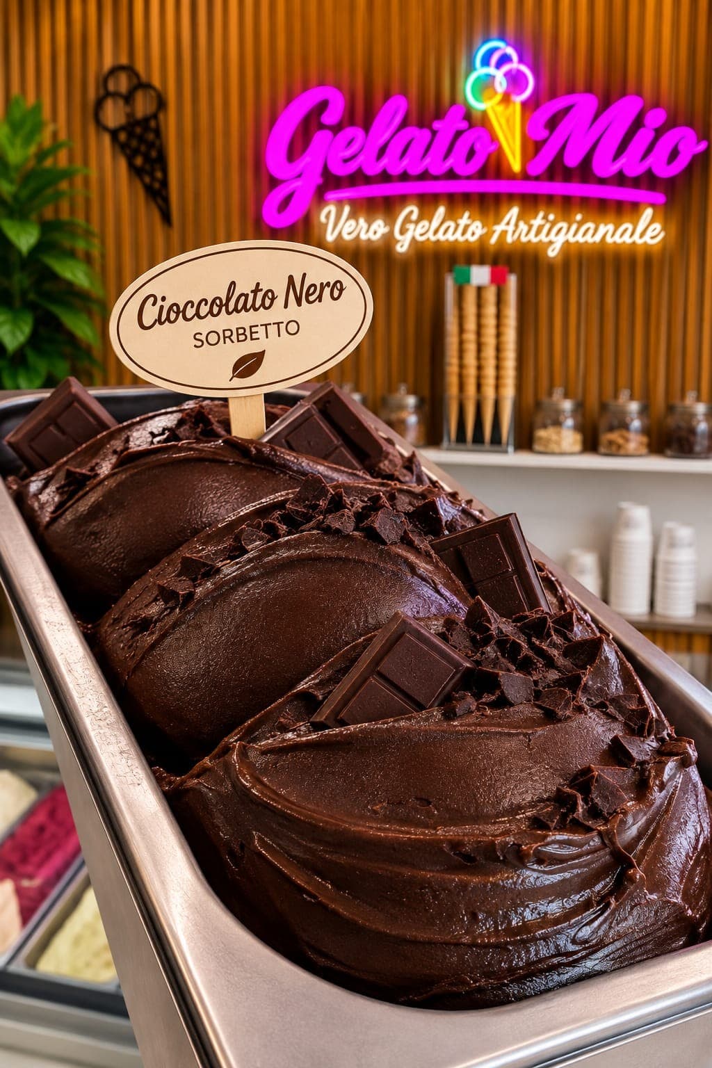 Bak donkere pure chocoladesorbet met stukken chocolade