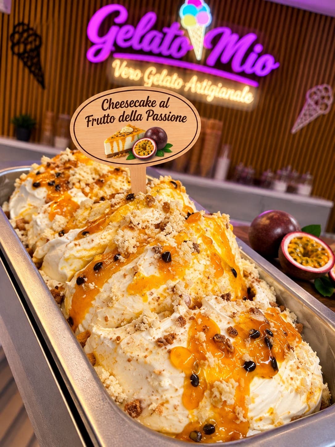 Bak cheesecakegelato met gele passievruchtsaus en koekjeskruim