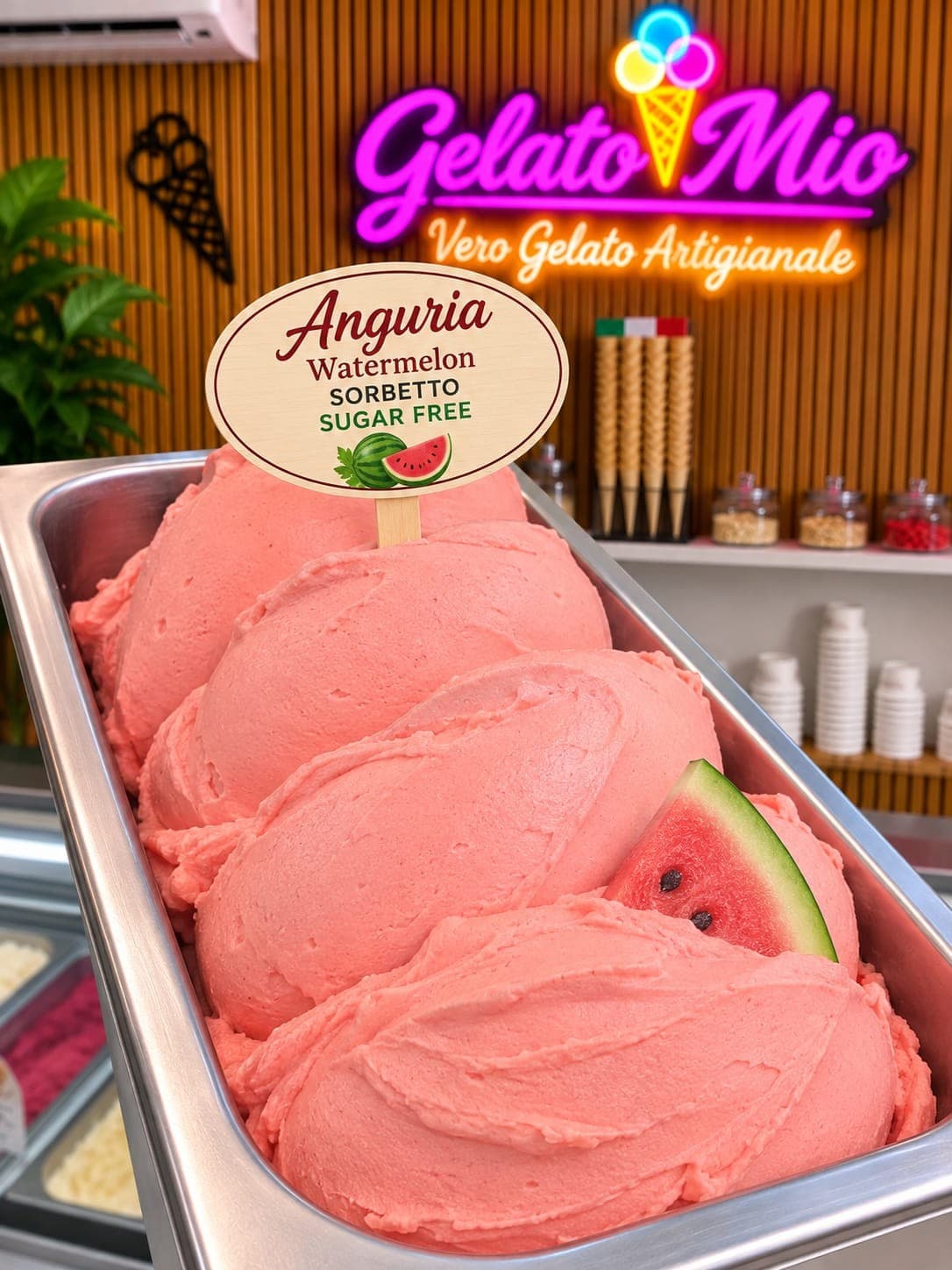 Bak roze watermeloensorbet met een partje watermeloen