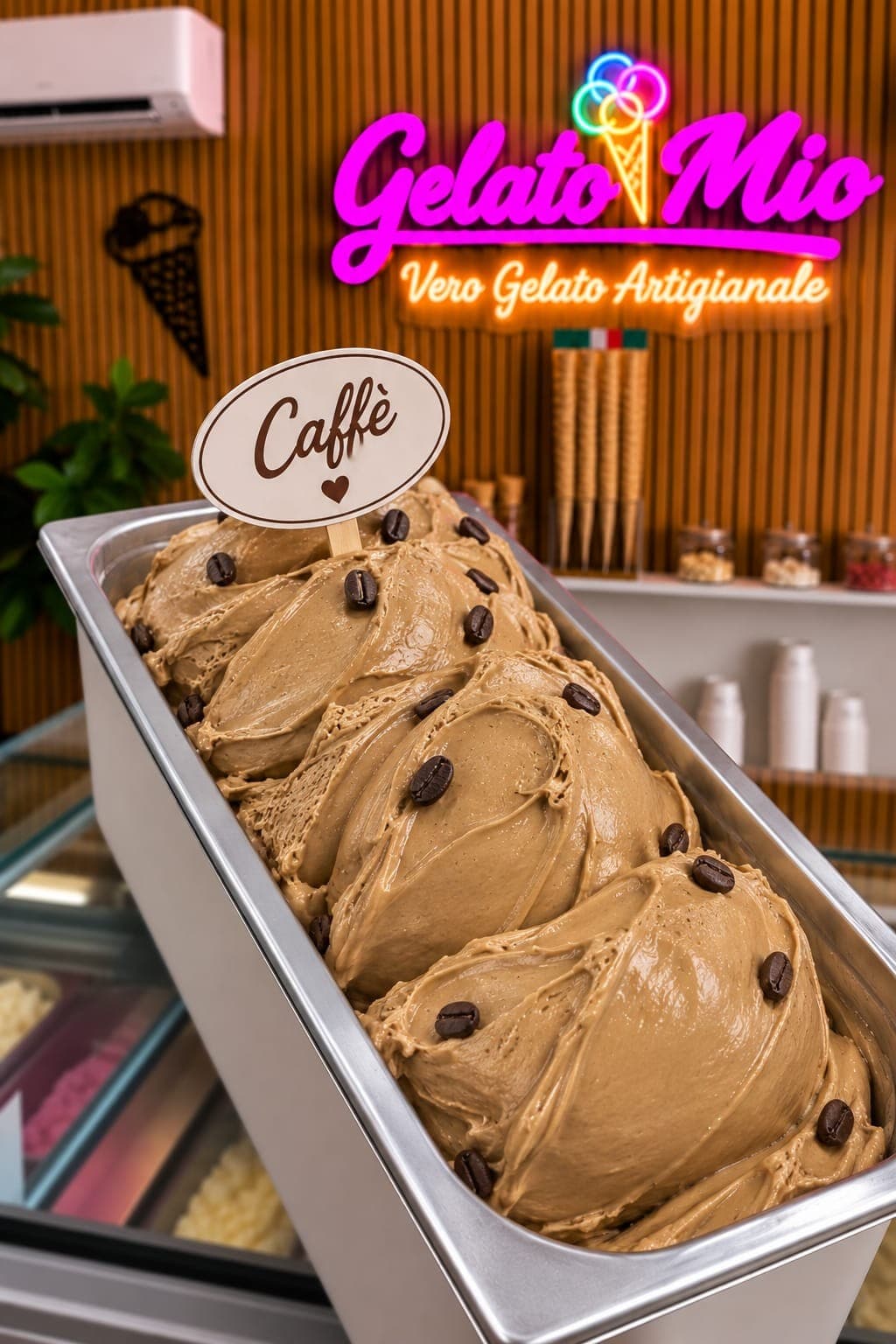 Bak koffiegelato bezaaid met koffiebonen voor het neonlogo van Gelato Mio