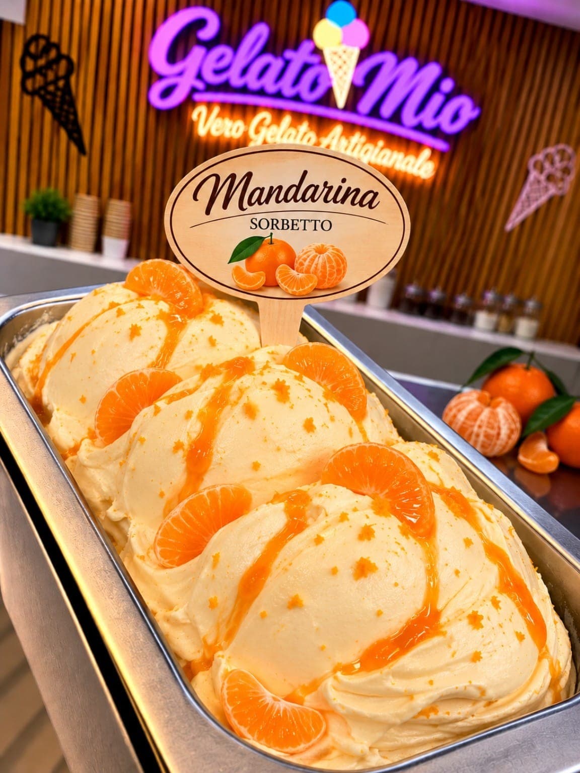 Bak oranje mandarijnensorbet met mandarijnpartjes