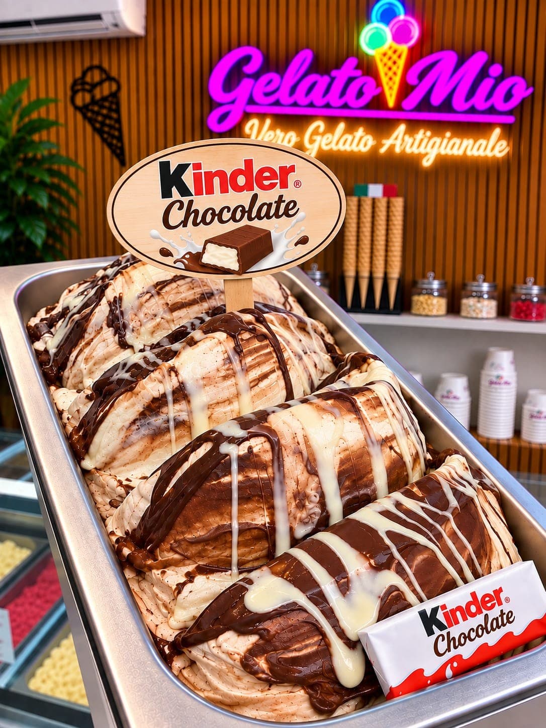 Bak Kinder-chocoladegelato met chocolade- en melkswirls en een Kinder-reep