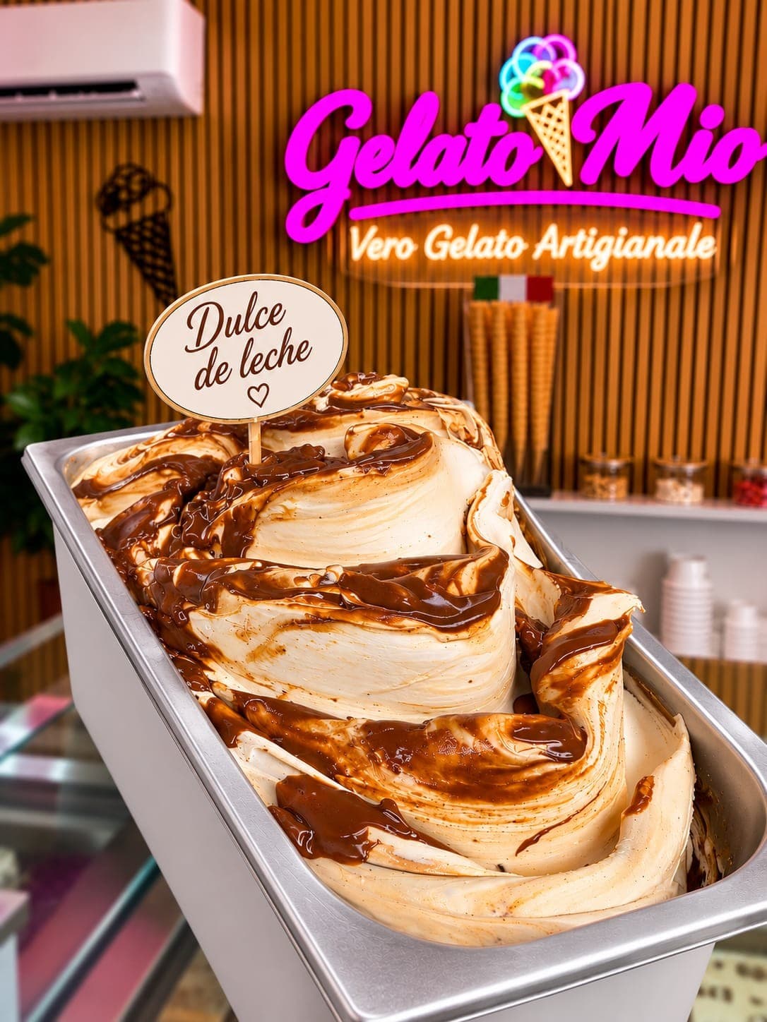 Bak dulce de leche-gelato met karamelswirls bij Gelato Mio