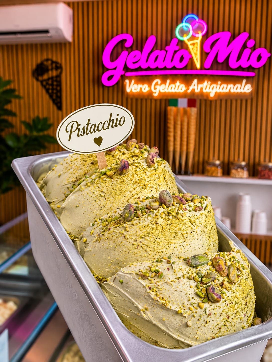 Bak groen pistachegelato met pistachenoten en pistachekruim