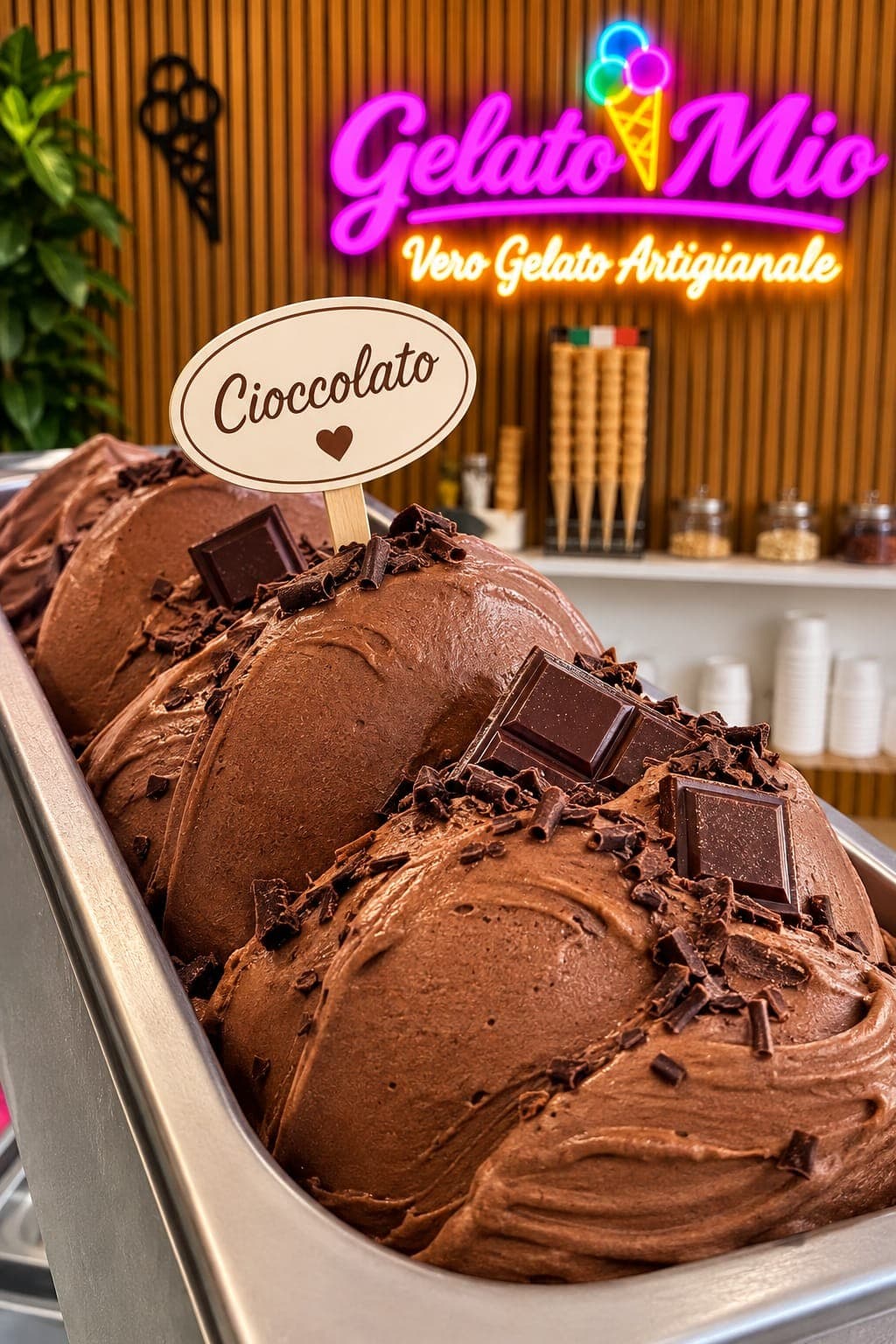 Bak chocoladegelato met chocoladeblokjes en krullen voor het neonlogo van Gelato Mio