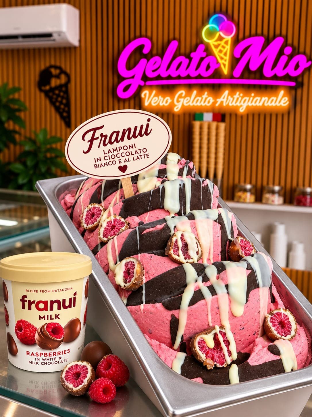 Roze frambozengelato met lagen pure en witte chocolade en Franuí-frambozen