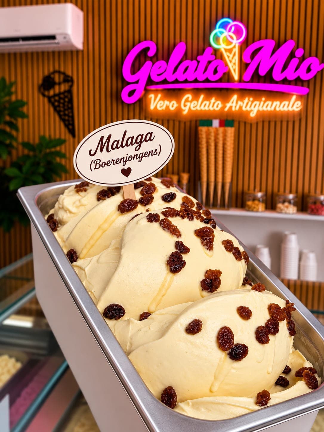 Bak lichtgeel Malaga-gelato met rumrozijnen