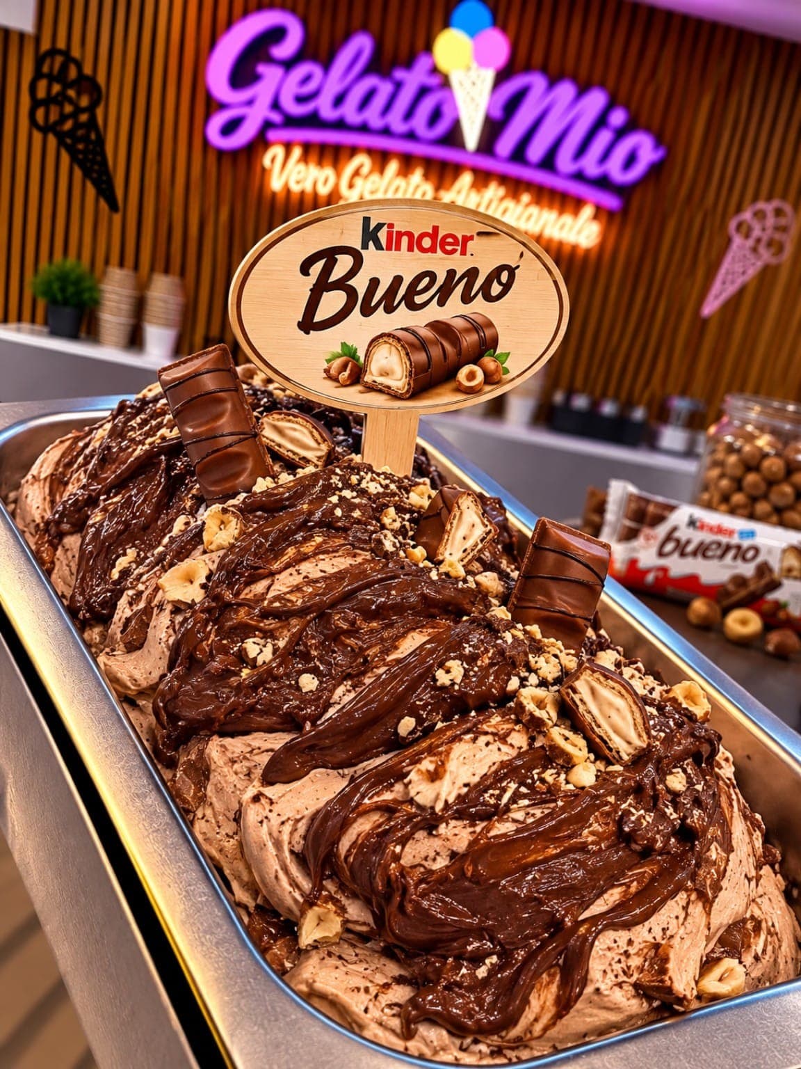 Bak Kinder Bueno-gelato met chocoladesaus, hazelnoten en stukjes Bueno