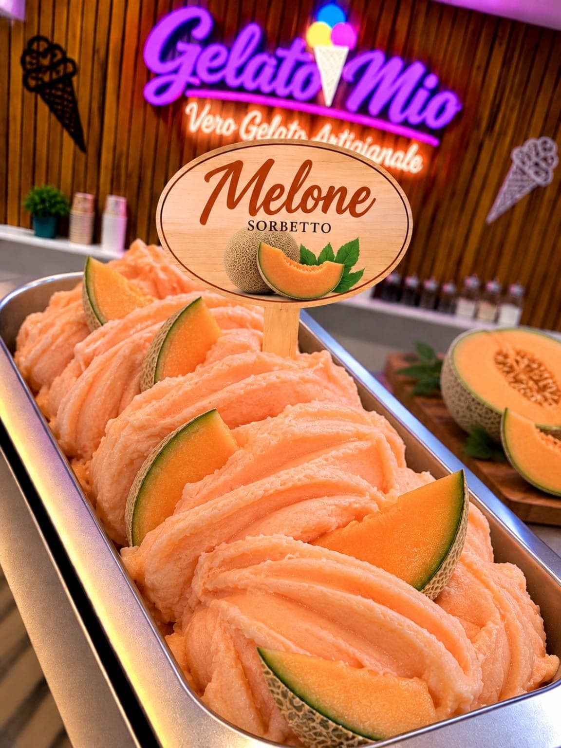 Bak oranje meloensorbet met partjes cantaloupe-meloen