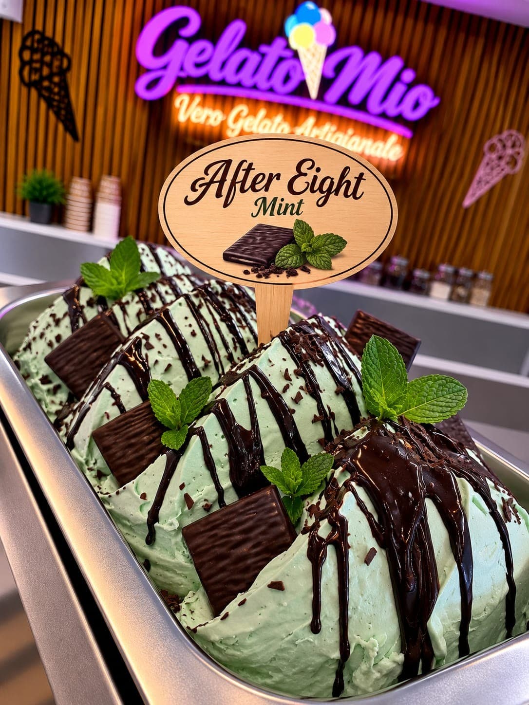 Mintgroene gelato met pure chocoladesaus, After Eight-blokjes en verse munt