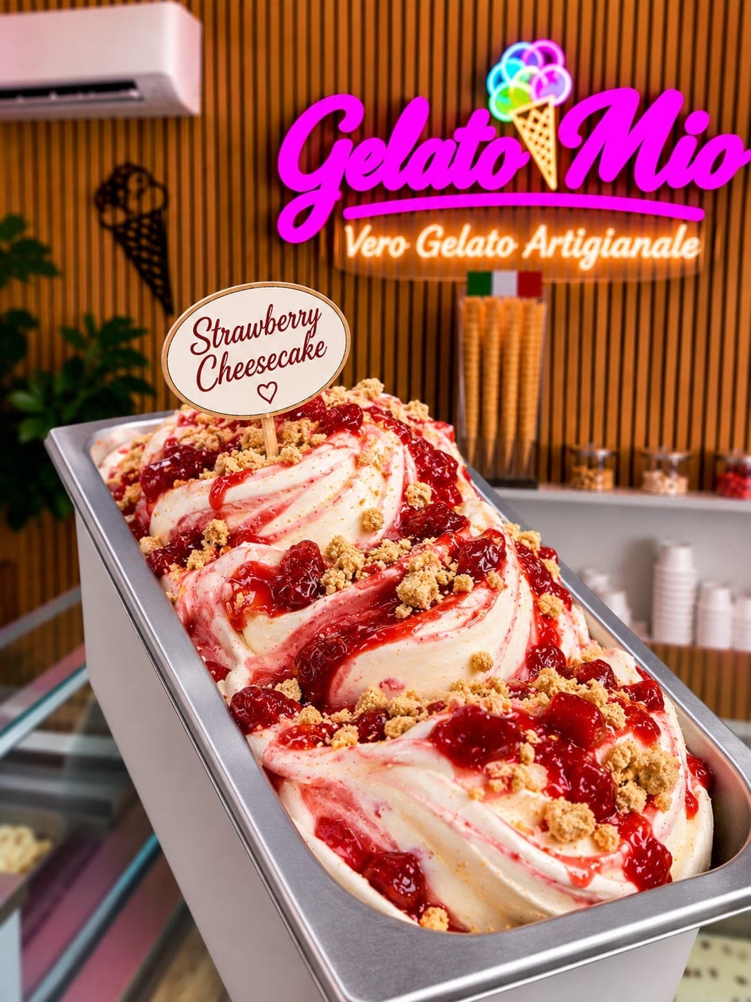 Bak cheesecakegelato met rode aardbeiensaus en koekjeskruim