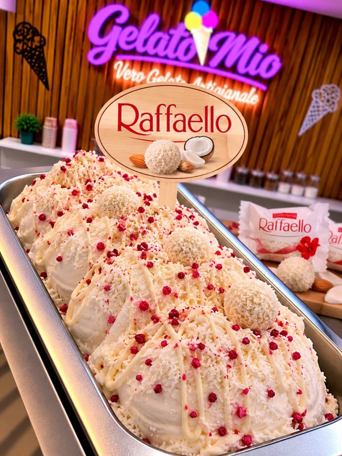 Bak wit Raffaello-gelato met kokos, rode decoratie en Raffaello-pralines