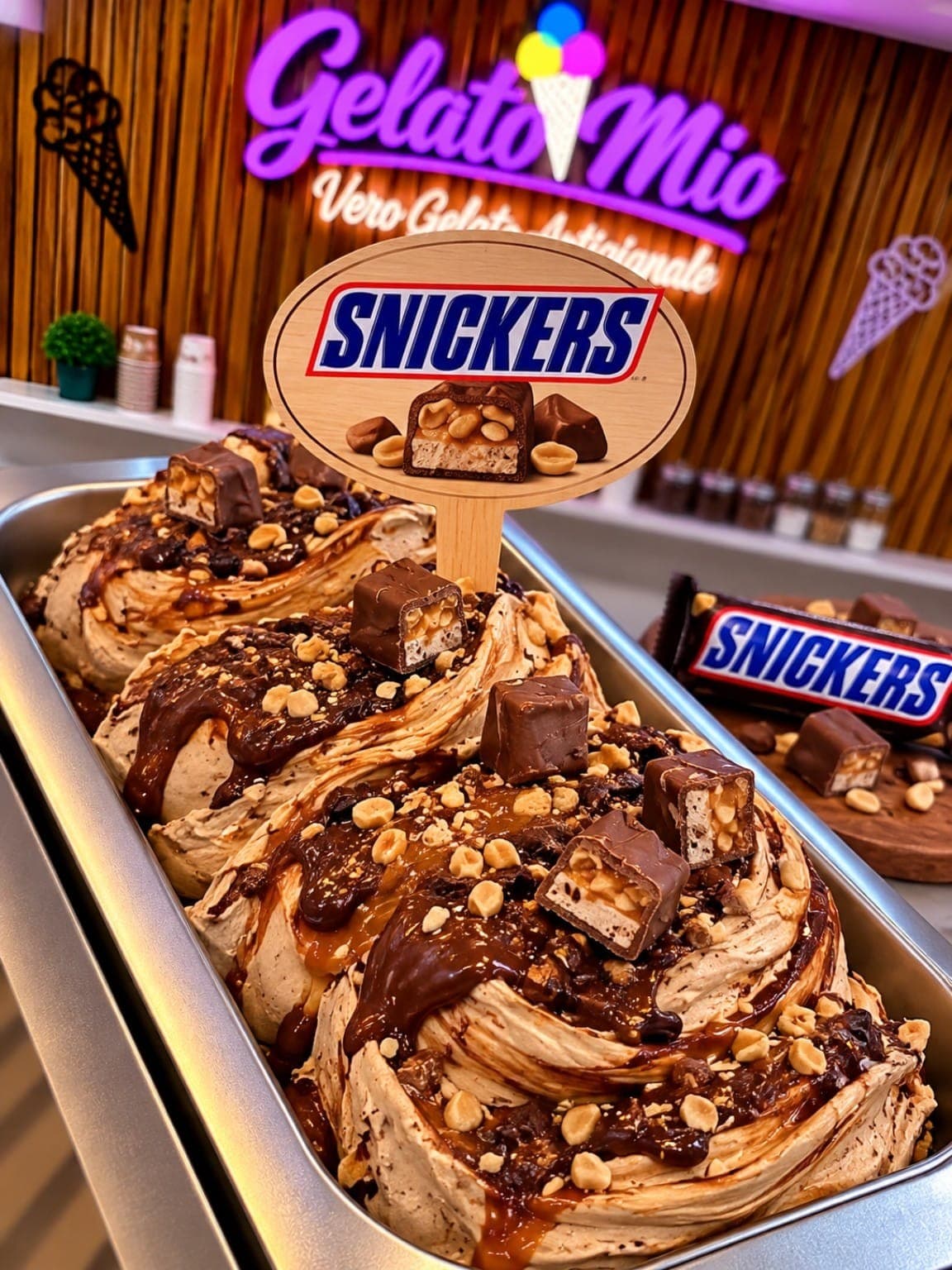 Bak Snickers-gelato met karamel, pinda's en stukjes Snickers