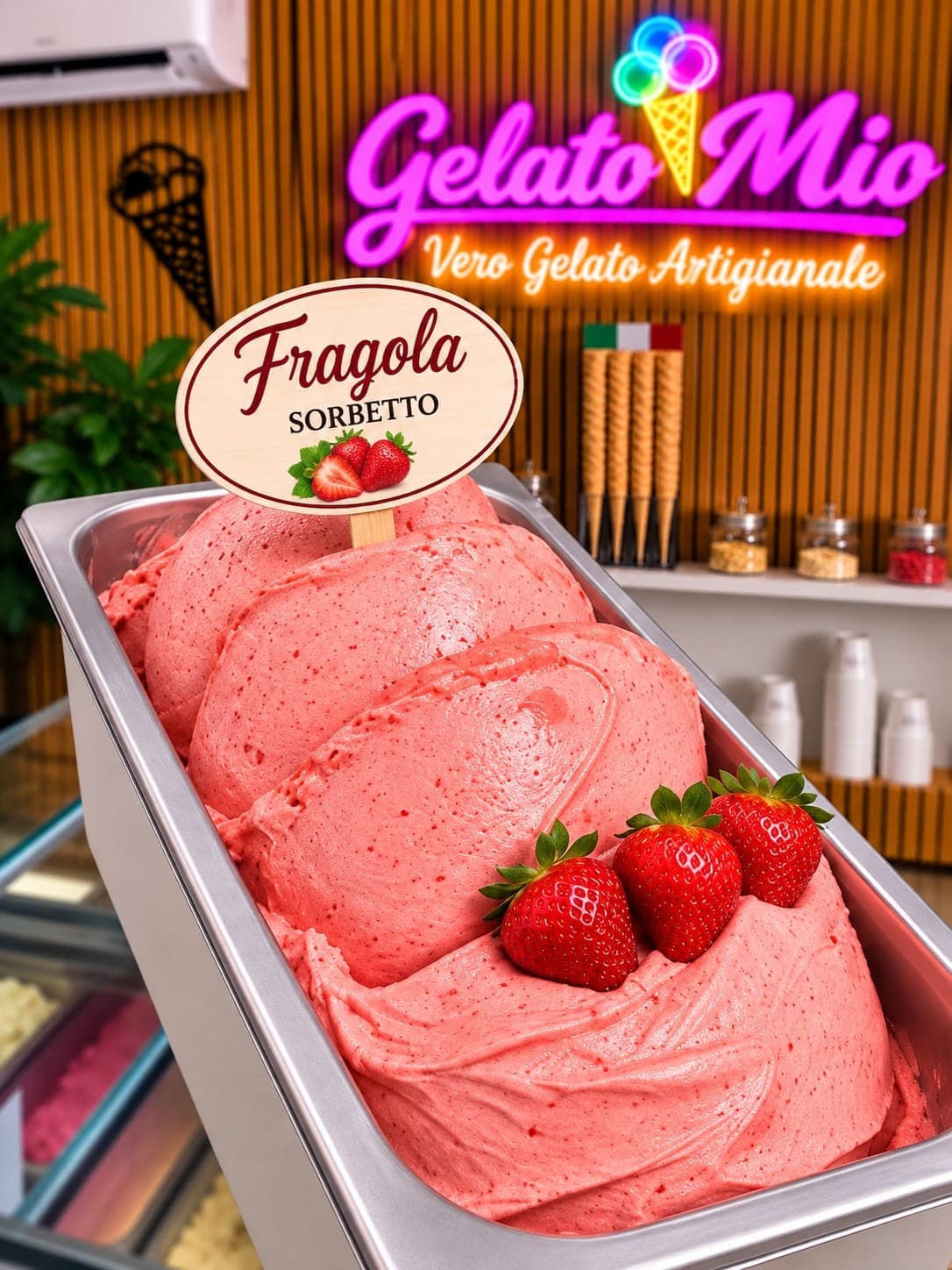 Bak roze aardbeiensorbet met verse aardbeien bij Gelato Mio