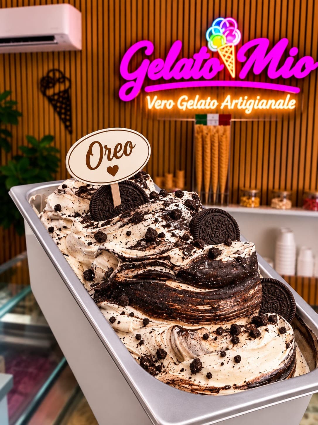Bak Oreo-gelato met hele Oreo-koekjes en chocoladeswirl
