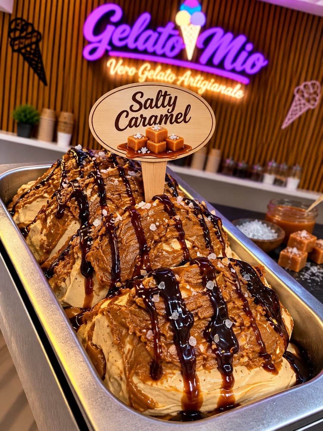 Bak gezouten karamelgelato met karamelsaus en zoutvlokken