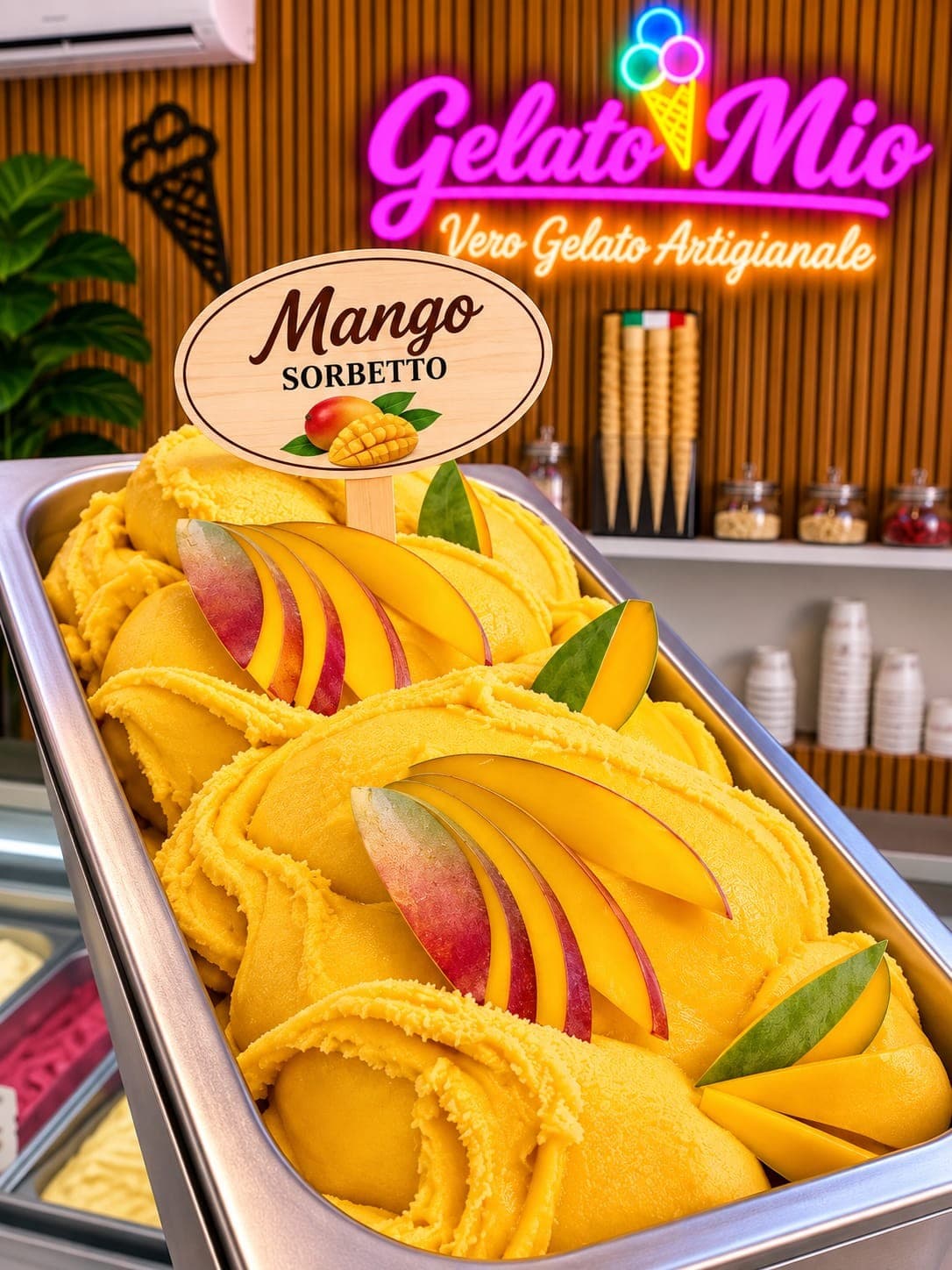 Bak geel mangosorbet met plakjes verse mango
