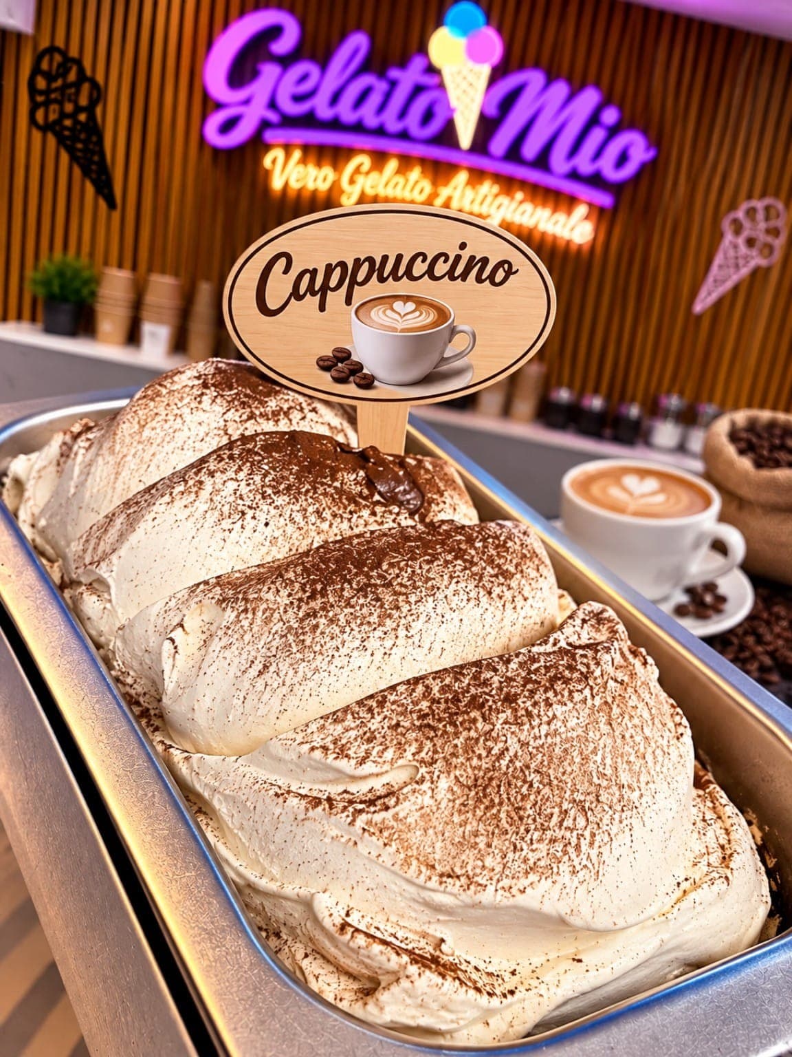 Bak cappuccinogelato bestoven met cacao, met een kopje cappuccino ernaast