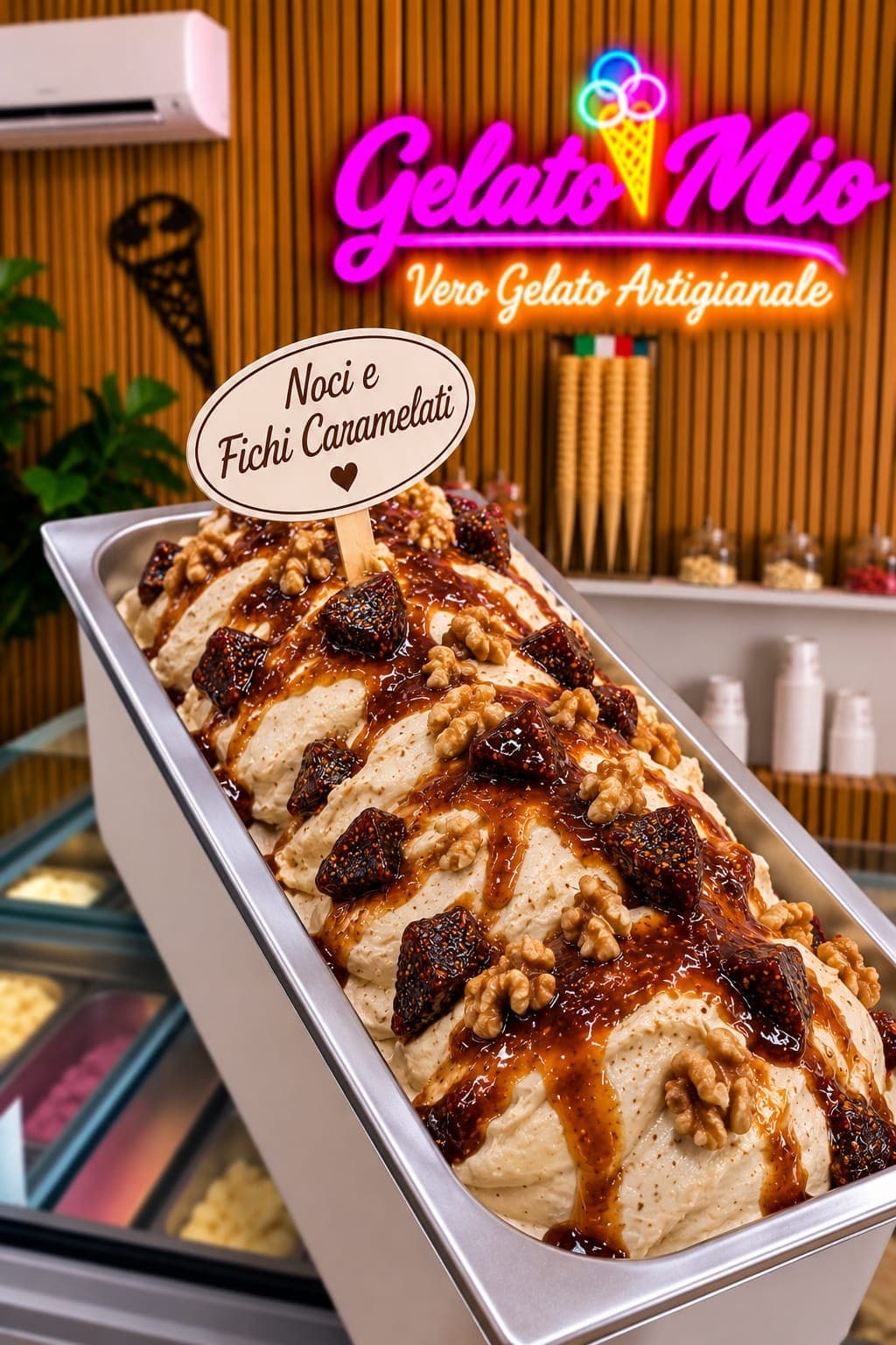 Bak gelato met walnoten, gekarameliseerde vijgen en karamelsaus