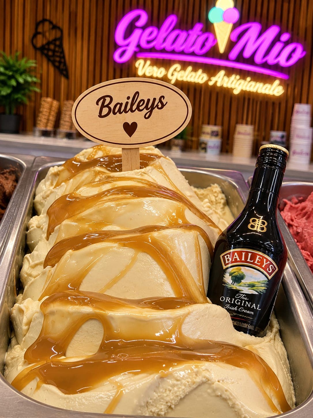 Bak Baileys-gelato met karamelsaus en een fles Baileys voor het neonlogo van Gelato Mio